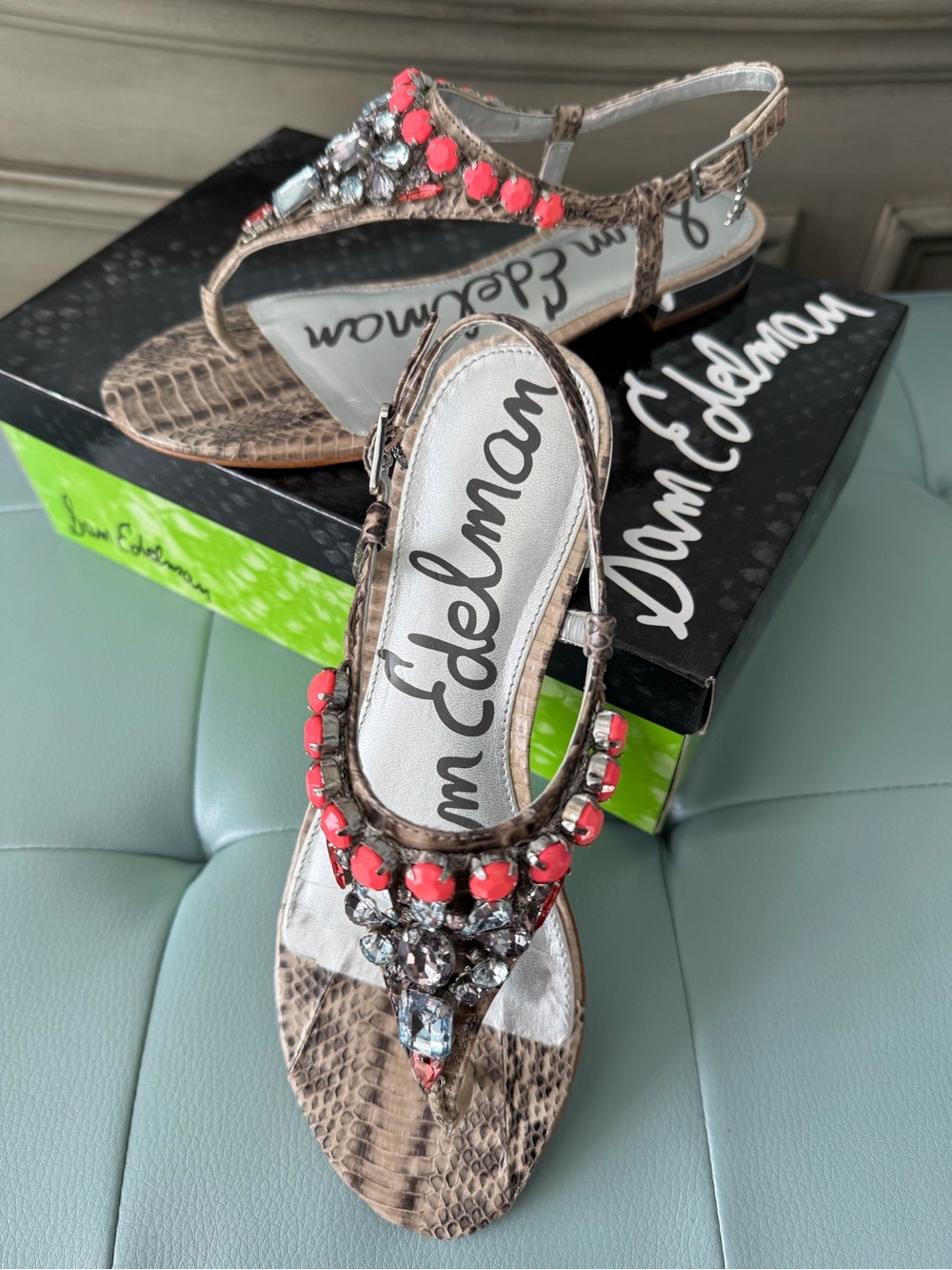 Sam Edelman Coral Beaded Snake-Print T-Strap Sandals - 8.5